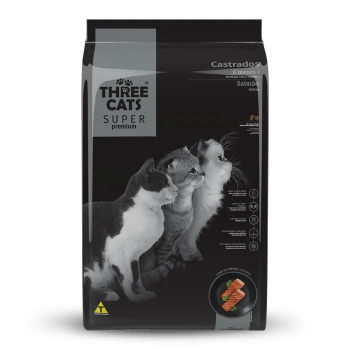 Alimento Three Cats Super Premium Gatos Castrados Salmón